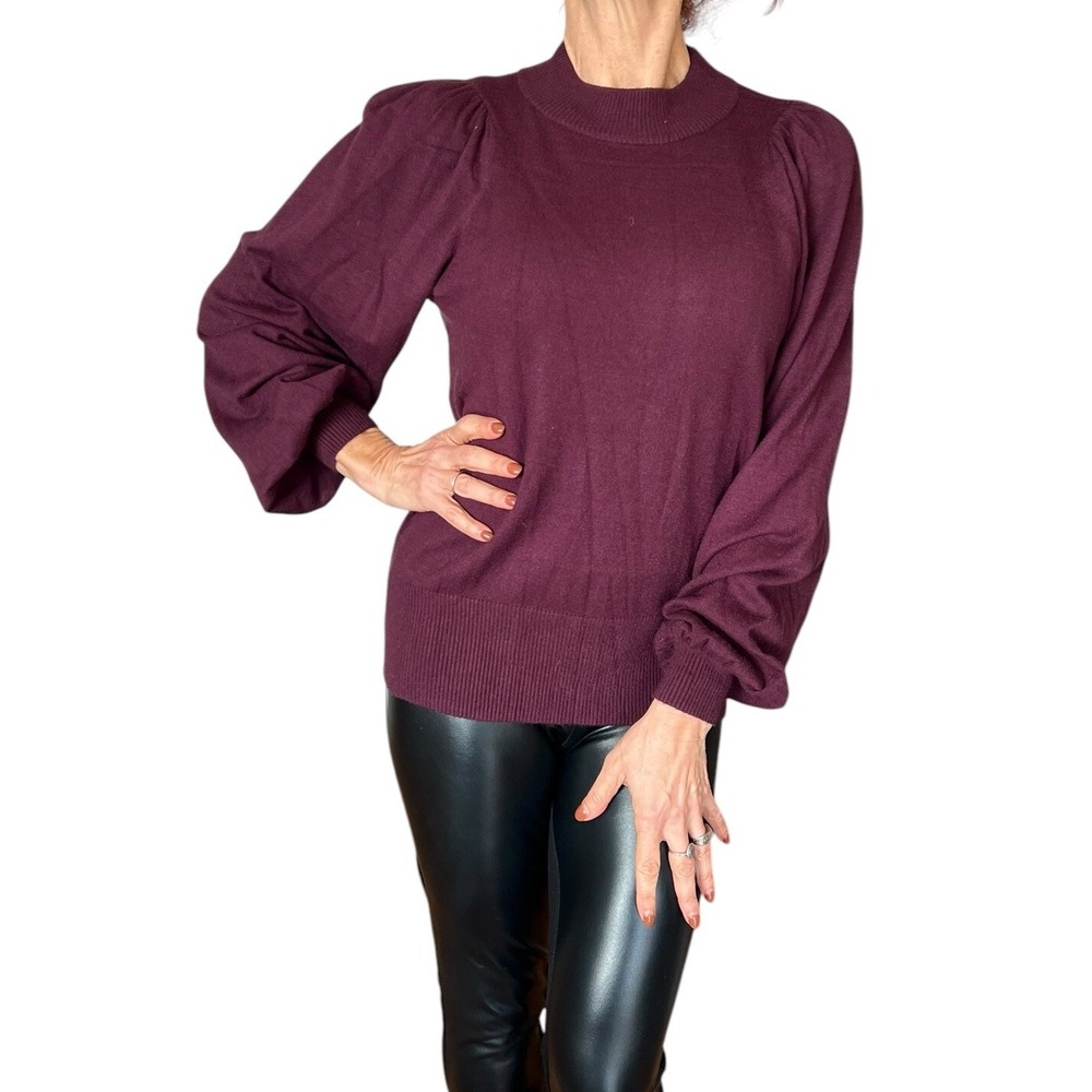 Womens White + Warren Sweater Puff Shoulder Long Sleeve Mock Neck Burgundy  M